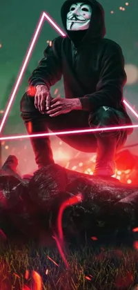 This captivating live wallpaper showcases a digitally created man wearing a black hoodie donning a neon triangle