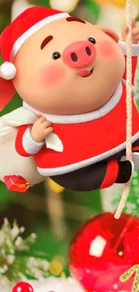 This phone live wallpaper depicts a cute and delightful figurine of a pig hanging from a beautifully decorated Christmas tree, adding a touch of whimsy to the scene