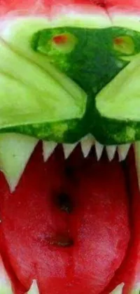 This lively and unique phone live wallpaper displays a vibrant watermelon intricately carved to resemble a tiger's gaping mouth
