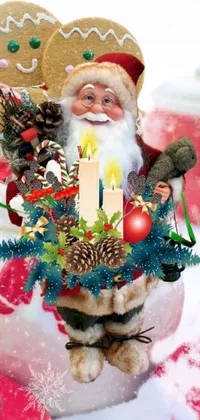 Looking for a festive live wallpaper for your phone? Check out this digital rendering of a Santa figurine on a table, featuring a fully decorated and intricate scene