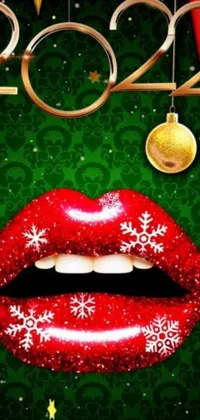 This phone live wallpaper showcases a digitally rendered close up of bright red lips on a vibrant green background