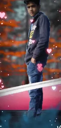 This live wallpaper features a trendy design showcasing a young man on a skateboard, surrounded by pink hearts against a bokeh background