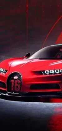 This is a stunning live wallpaper for your phone featuring a red Bugatti sports car in a dark room with a red and black background