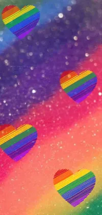 This phone live wallpaper showcases a beautiful rainbow heart sticker set against a colorful rainbow background