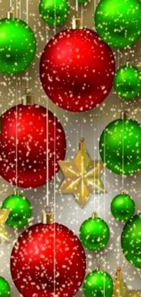 Get into the holiday spirit with this stunning phone live wallpaper! This captivating design is filled with festive charm, featuring sparkling Christmas balls and stars in shades of red and green on a luxurious gold background