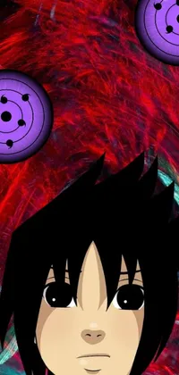 This phone wallpaper features an anime portrait with black hair that draws inspiration from Japanese art, set against a backdrop of a purple eclipse and a black sun