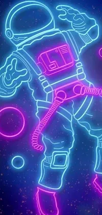 This live phone wallpaper portrays an astronaut in space in neon light