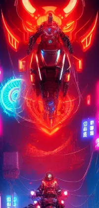 This phone live wallpaper features a lone motorcyclist speeding down a neon-lit city street, surrounded by captivating cyberpunk art