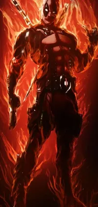 This live phone wallpaper features a powerful male character standing in front of blazing fire, designed in a digital art style resembling the superhero Kamen Rider