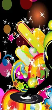 This live phone wallpaper showcases a vector art world of DJs mixing music, with vibrant colors and funky elements