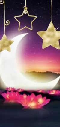 This phone live wallpaper features a stunning painting of a crescent moon and shining stars on a dark background