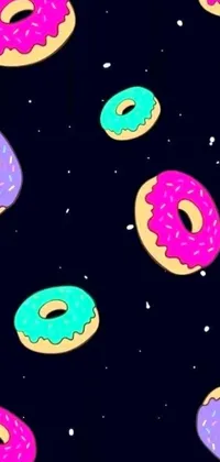 Looking for a fun and trendy live wallpaper for your phone? Check out this concept art featuring a bunch of colorful donuts with sprinkles floating in deep space against a black backdrop