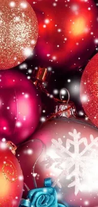 This live wallpaper for your phone depicts a close-up of various Christmas ornaments in a digital art style