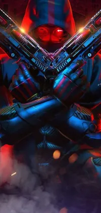 This live wallpaper features a dynamic cyberpunk scenescape with a red and blue color scheme