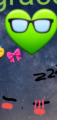 This phone live wallpaper features a green heart with glasses and a pink bow