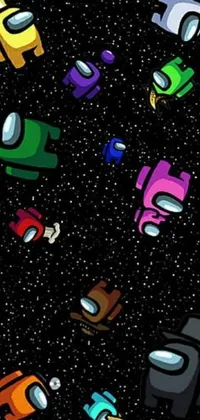 This dynamic phone live wallpaper showcases a display of various multi-colored cars with a 60's cartoon-inspired space helmet on a black background for a futuristic touch