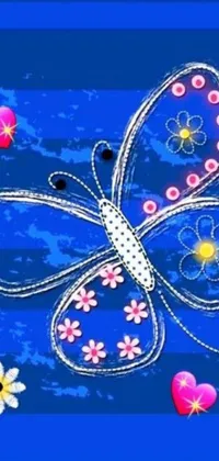 This live wallpaper features a pastel butterfly drawing on a blue background adorned with delicate beaded embroidery patterns