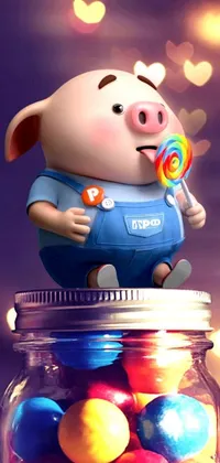 This phone live wallpaper showcases an adorable pink pig sitting on top of a candy-filled jar