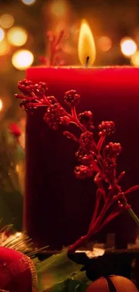 This phone live wallpaper features a cozy and romantic scene with a red candle, Christmastree, and colorful flowers