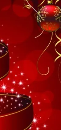 This Christmas-themed phone live wallpaper offers a stunning display of festive red and gold ornaments against a backdrop of slim, ribbon-like decorations