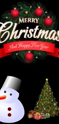 This stunning phone live wallpaper captures the joyous spirit of the holiday season with a lively snowman portrait and decorated Christmas tree standing on a black background