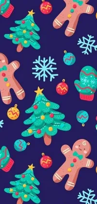 This live wallpaper showcases a whimsical and festive pattern featuring a variety of Christmas decorations, ornaments, and cookies in naive art style vector art