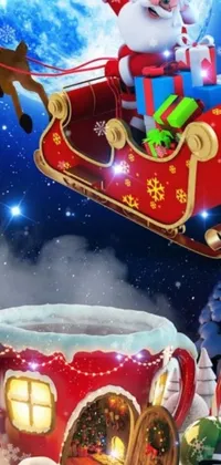 This Christmas live wallpaper features a festive digital art scene with Santa Claus riding in a sleigh and a polar express train passing in the background