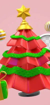 This phone live wallpaper features a charming Christmas tree decorated with wrapped presents on a soft pink background