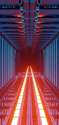 This phone live wallpaper depicts a long hallway with blue and red lights, filled with cables and tubes