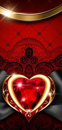 This exquisite phone live wallpaper features a stunning red heart with a black ribbon and ornate gems design set against a rich red background