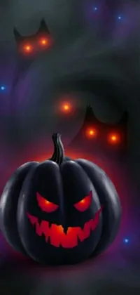 Get Halloween ready with this spooky live wallpaper featuring a glowing-eyed pumpkin with eerie carved expressions