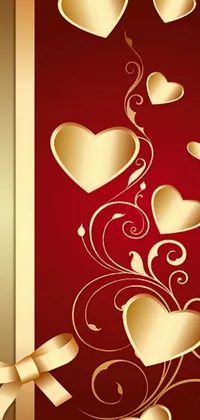 This stunning phone live wallpaper features an exquisite red background, embellished with beautiful gold hearts and a charming bow motif, created in vector art style