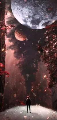 This phone live wallpaper features a stunning digital art image of a lone figure standing in a cherry blossom forest under a red moon and a destroyed planet