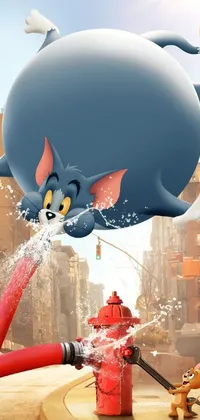This live wallpaper features a cartoon cat happily spraying water on a fire hydrant, inspired by popular animated shows