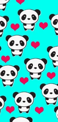 This phone live wallpaper showcases a lovely group of panda bears with charming red heart motifs, set against a captivating blue background