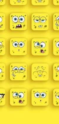 Decorate your phone's background with an engaging live wallpaper that showcases a delightful collection of adorable cartoon faces on a vibrant yellow background