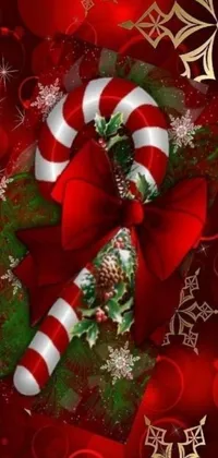 This lively phone wallpaper features a candy cane resting on top of a snowflake pile set against a festive background
