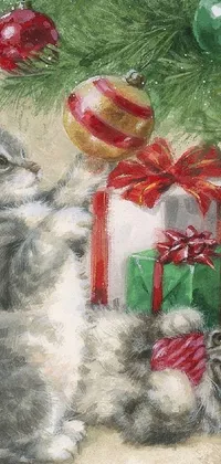 This is a stunning phone wallpaper featuring a realistic painting of two kittens resting under a Christmas tree