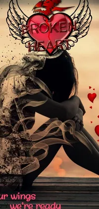 This phone live wallpaper features a digital artwork of a woman sitting on wooden flooring with a red heart by her side