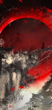 This phone live wallpaper showcases a beautiful painting of a pagoda set against a striking red sun, with a blood-red crescent moon in the background