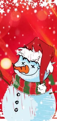 This phone live wallpaper features a digital art snowman wearing a Santa hat and scarf with glitch and scribble effects