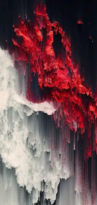 This mobile live wallpaper features a stunning abstract painting of red and white paint on a black background