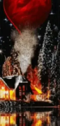 This stunning phone live wallpaper boasts a captivating digital art piece complete with glitter gif, Santa, and a heart-adorned house surrounded by burning trees