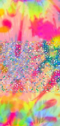 This lively phone live wallpaper features a colorful painting covered in sprinkles with overlaid aizome patterns and flowing neon-colored silk