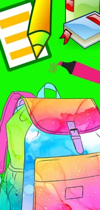 This lively phone wallpaper features a vibrant set of school supplies set on a green gradient background inspired by playful Lisa Frank designs and process art