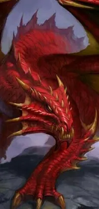 This live wallpaper showcases a vivid painting of a red dragon on a rugged rock, radiating fantasy aesthetics