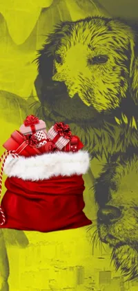 Get into the festive mood with this phone live wallpaper! The artwork depicts a happy dog sitting next to a colorful bag of presents, adding a touch of excitement and cheer to your device