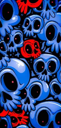 Unleash the darker side of your phone's screen with this live wallpaper featuring a collection of blue and red skulls on a black background