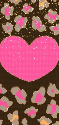 Get charming phone wallpaper with a pink heart on leopard print background