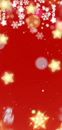 This live phone wallpaper features a delightful winter scene of red background adorned with snowflakes, stars, and assorted holiday images